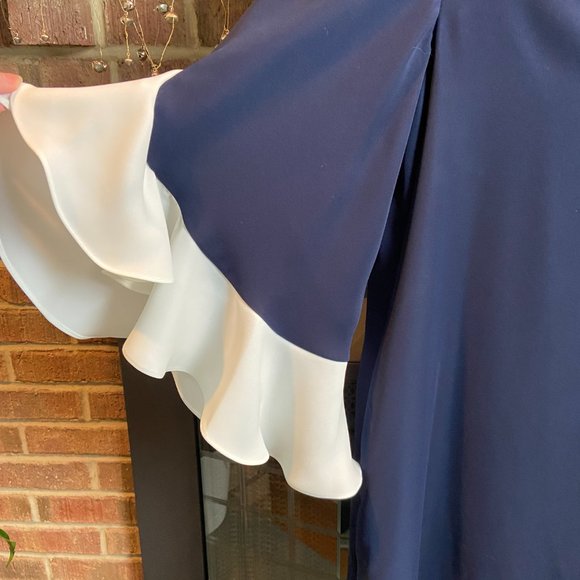NWT Carolina Herrera Navy Blue and White Ruffle Sleeve Dress, Size M - Picture 4 of 7